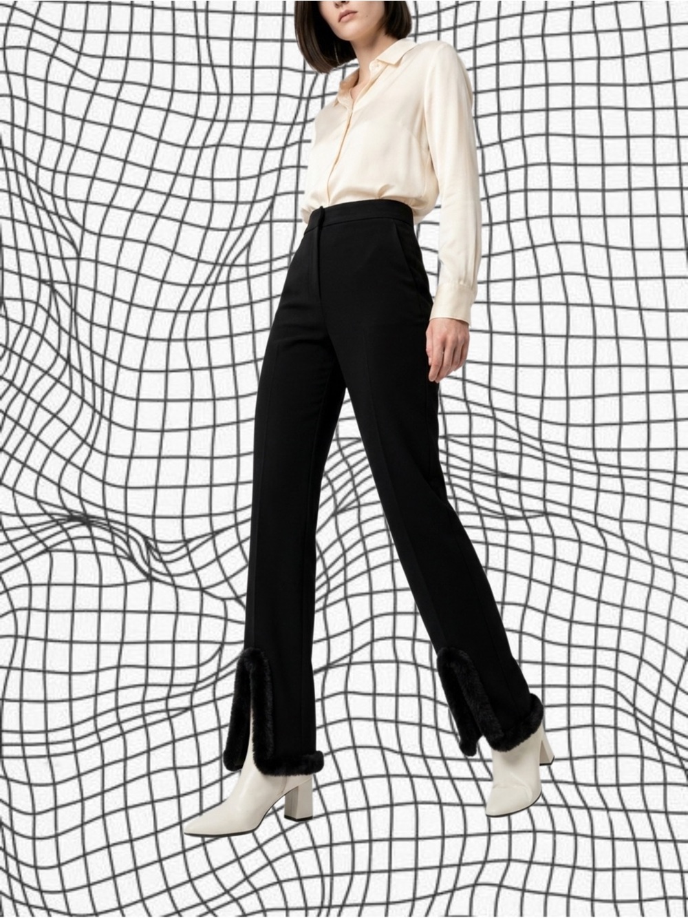 Moschino Black Straight-Leg Pants with Faux Fur Hem